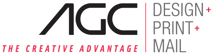 Logo for AGC, featuring the text "The Creative Advantage" and "Design + Print + Mail" in red and black typography.