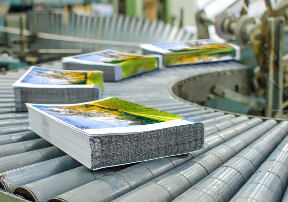 Stacks of printed magazines with nature covers on a conveyor belt in a printing facility.